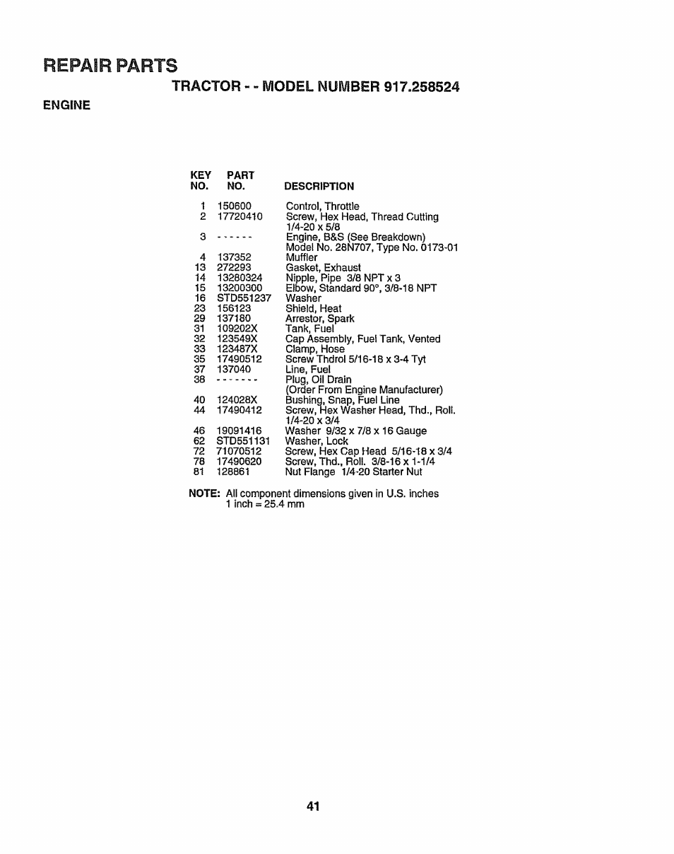 Engine, Repair parts | Sears 917.258524 User Manual | Page 41 / 56