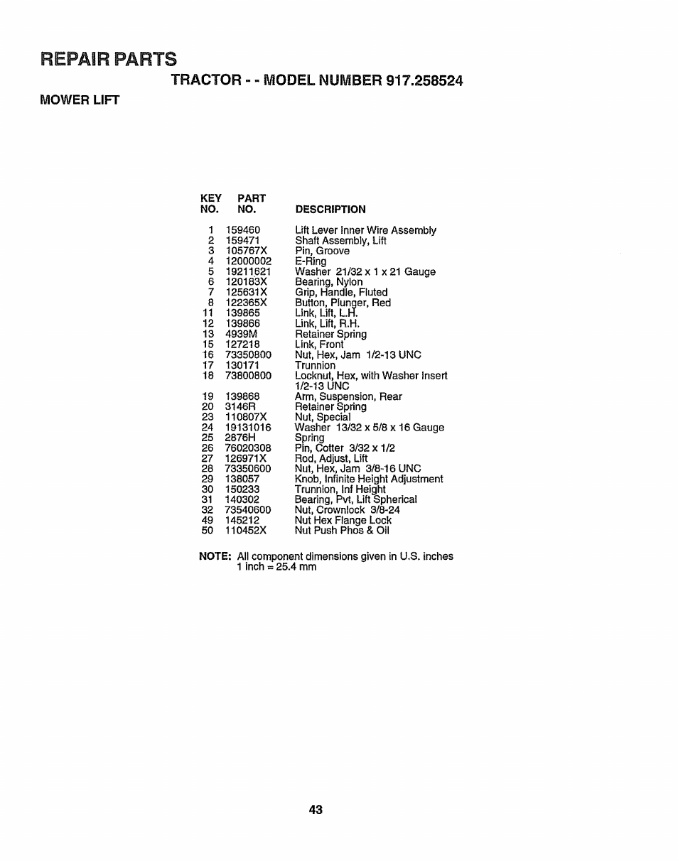 Mower lift, Repair parts | Sears 917.258524 User Manual | Page 43 / 56