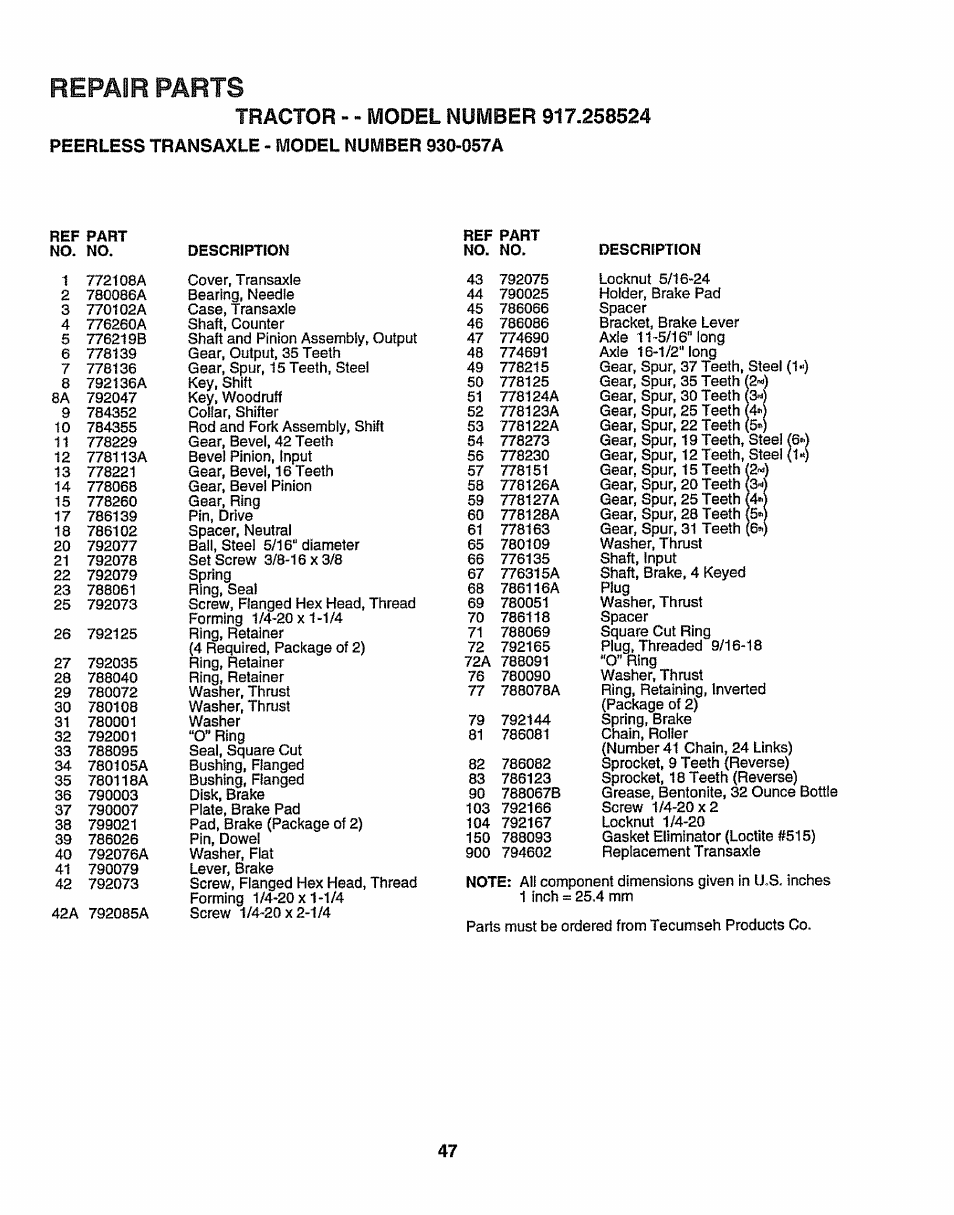 Repair parts, Model, Tractor | Sears 917.258524 User Manual | Page 47 / 56