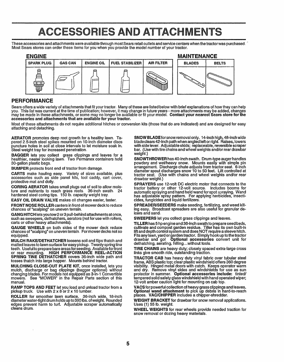 Accessories and attachments, Engine, Maintenance | Performance, And attachments, Accessories | Sears 917.258524 User Manual | Page 5 / 56