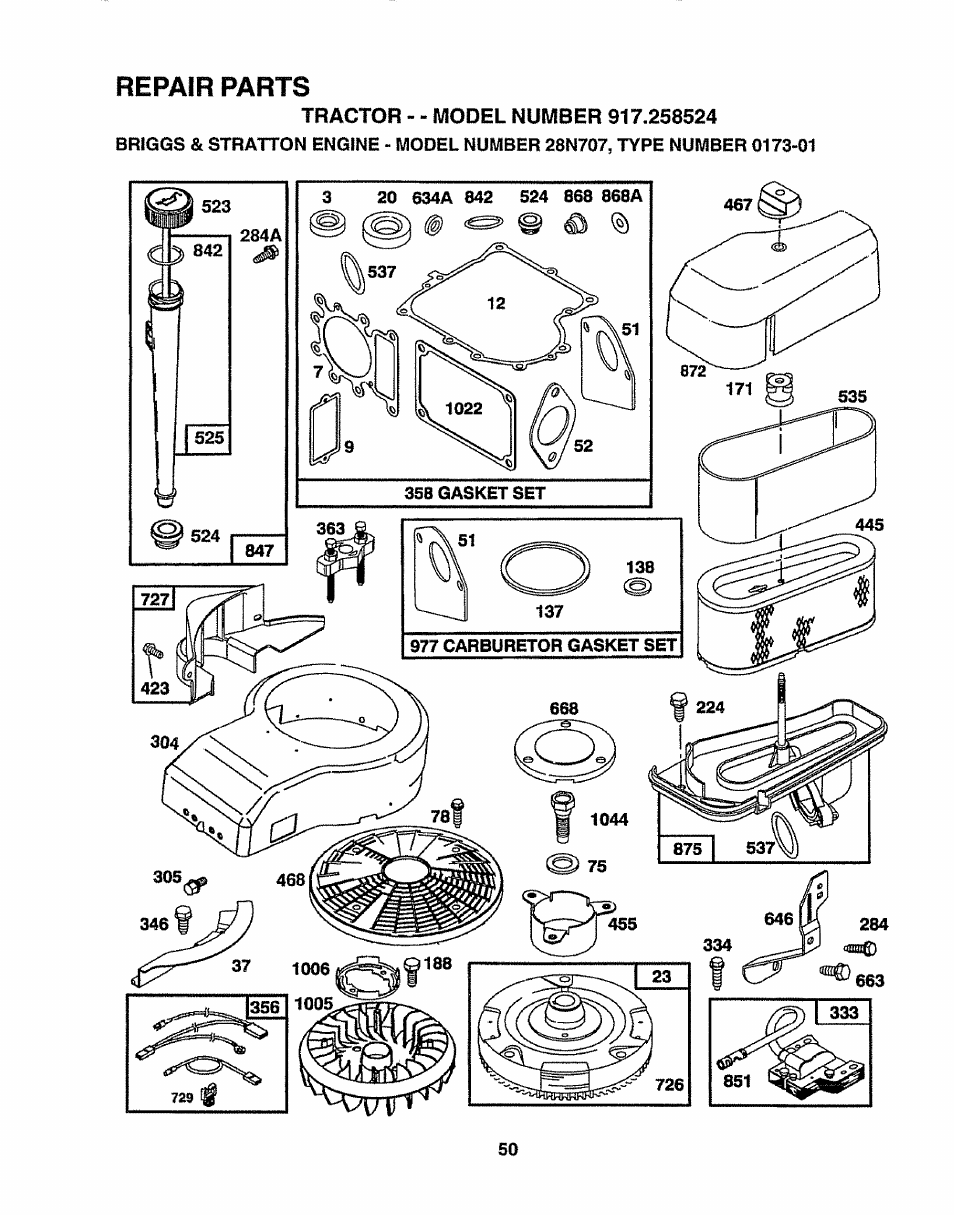 Repair parts | Sears 917.258524 User Manual | Page 50 / 56
