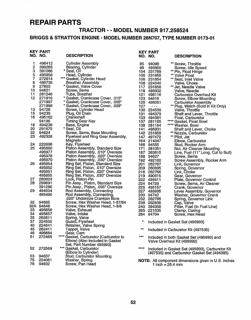 Tractor - - model number 917.258524 | Sears 917.258524 User Manual | Page 52 / 56