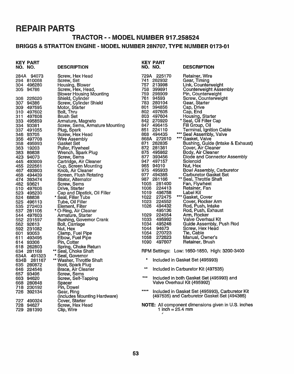 Repair parts | Sears 917.258524 User Manual | Page 53 / 56