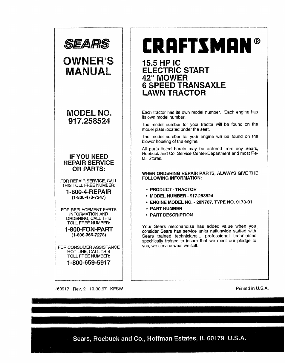 Bemmb, Crnftsmnn® owner’s, Manual | 5 hp fc | Sears 917.258524 User Manual | Page 56 / 56