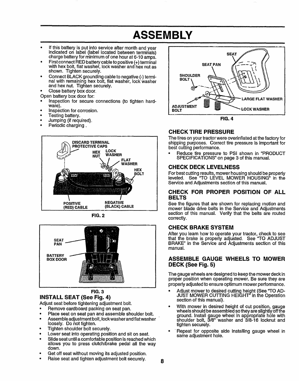 Install seat {see fig. 4), Check tire pressure, Check deck levelness | Check for proper position of all belts, Check brake system, Assemble gauge wheels to mower deck (see fig. 5), Assembly, Seat | Sears 917.258524 User Manual | Page 8 / 56