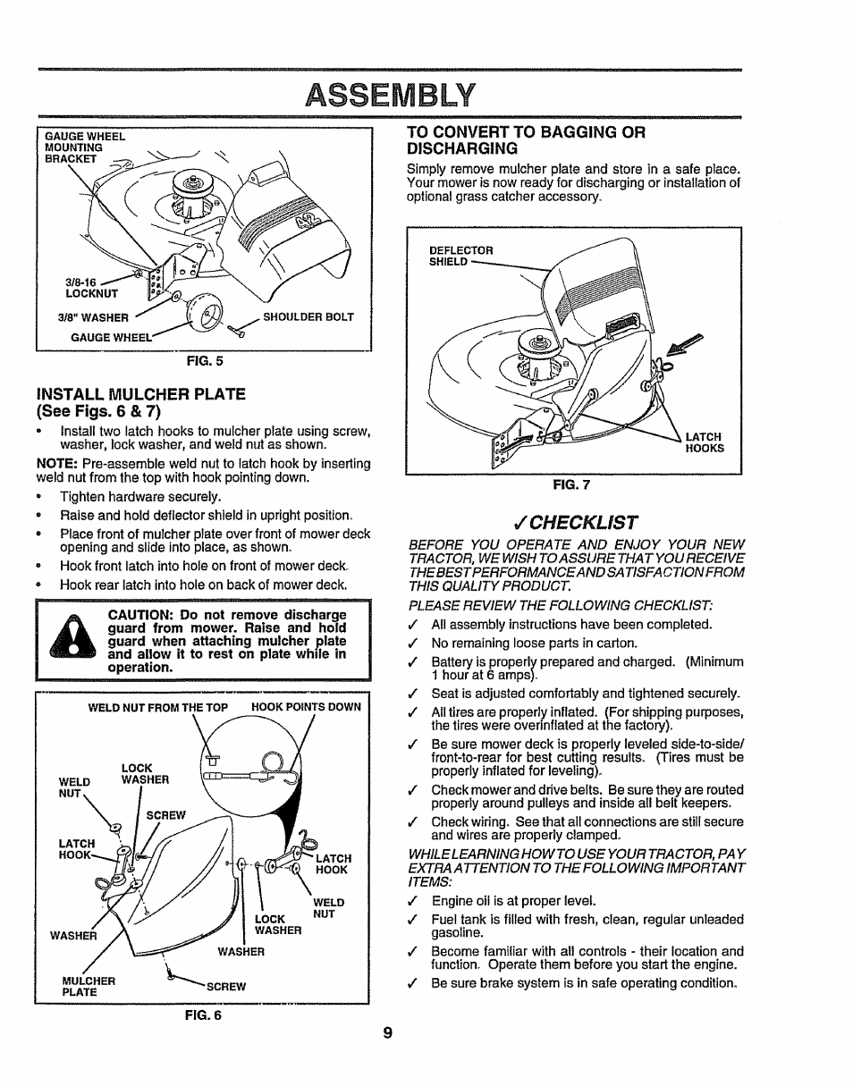 Install mulcher plate (see figs. 6 & 7), To convert to bagging or discharging, Assembly | Y checklist | Sears 917.258524 User Manual | Page 9 / 56