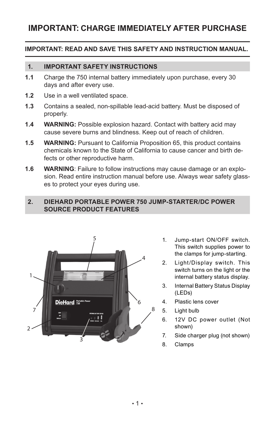 Important, Charge immediately after purchase | Sears 200.71486 User Manual | Page 3 / 8