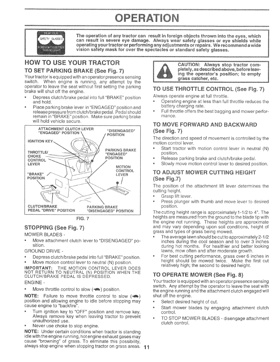 How to use \qim tractor, Stopping (seo fig. 7), Id autos i mimth guftif^g height (see flg.7) | Sears 917.25759 User Manual | Page 11 / 29