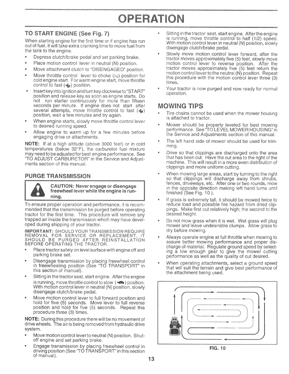 Purge transmission, Operatiom, Mowing tips | Sears 917.25759 User Manual | Page 13 / 29