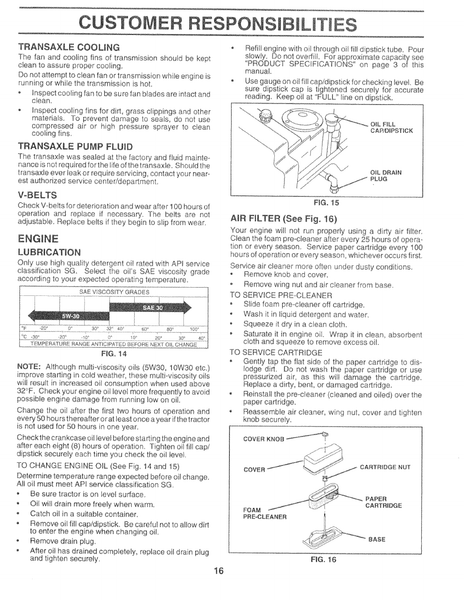 Customer responsibii.l), Transaxle cooling, Transaxle pump fluid | V-belts, Lubrication, Air filter (see fig. 16), Engine | Sears 917.25759 User Manual | Page 16 / 29