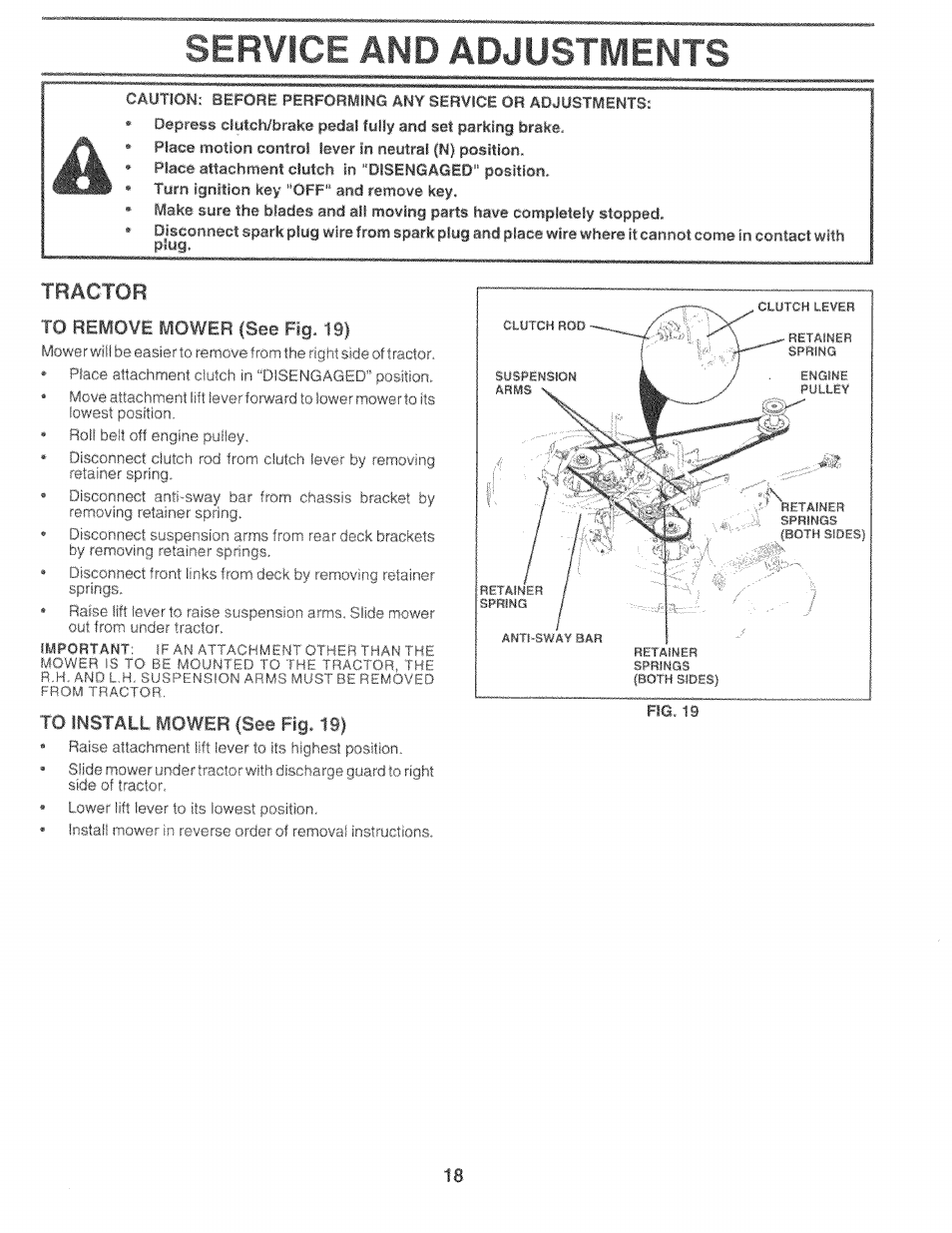 To remove mower (see fig. 1i), To install mower (see fig. 18), Service and adjustments | Tractor | Sears 917.25759 User Manual | Page 18 / 29
