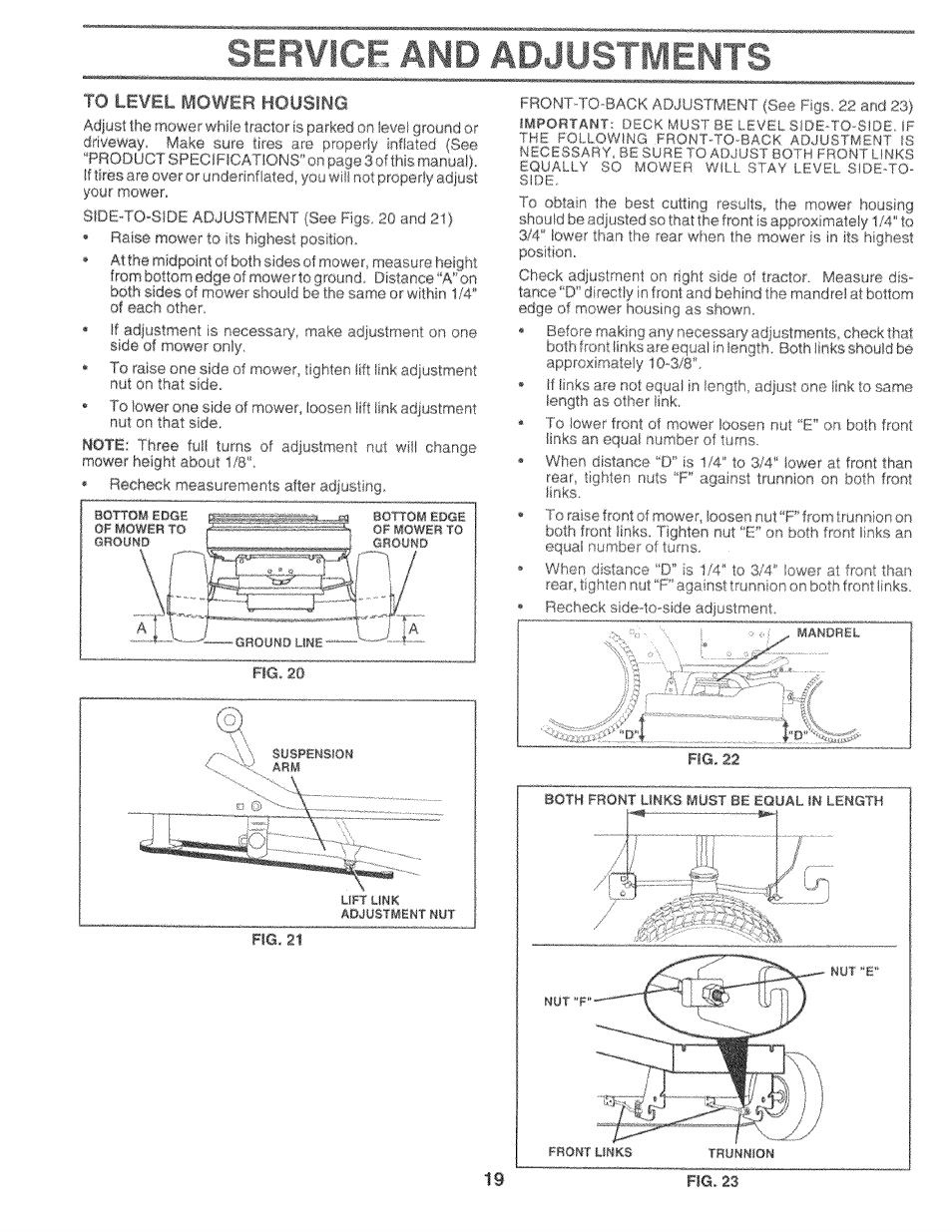 Admct afjii mun.■, i, To level mower housing, Admct afjii mun.■, i to level mower housing | 1i rg. 23 | Sears 917.25759 User Manual | Page 19 / 29