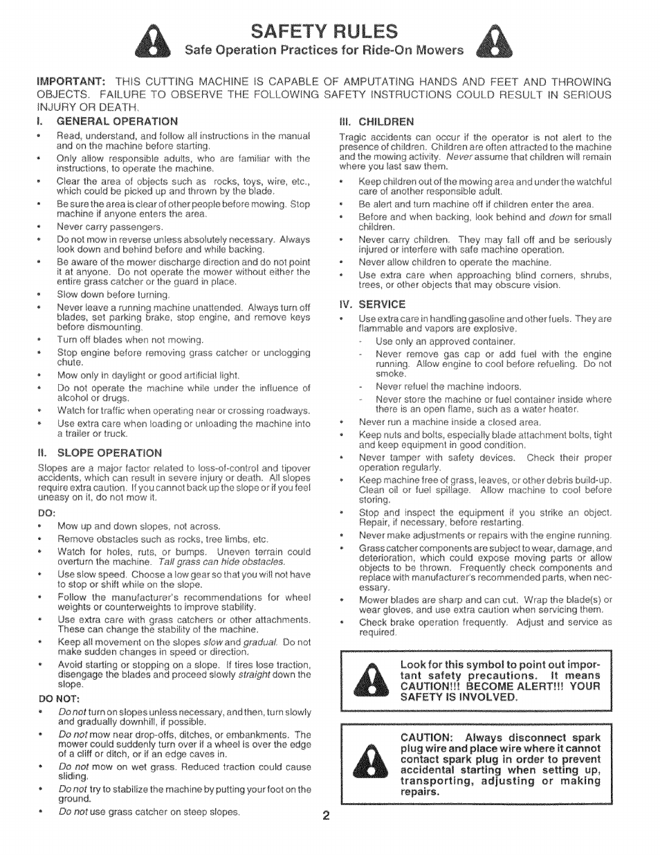 Safety rules, Safe operatio-n pfactices for ride-on mowers | Sears 917.25759 User Manual | Page 2 / 29