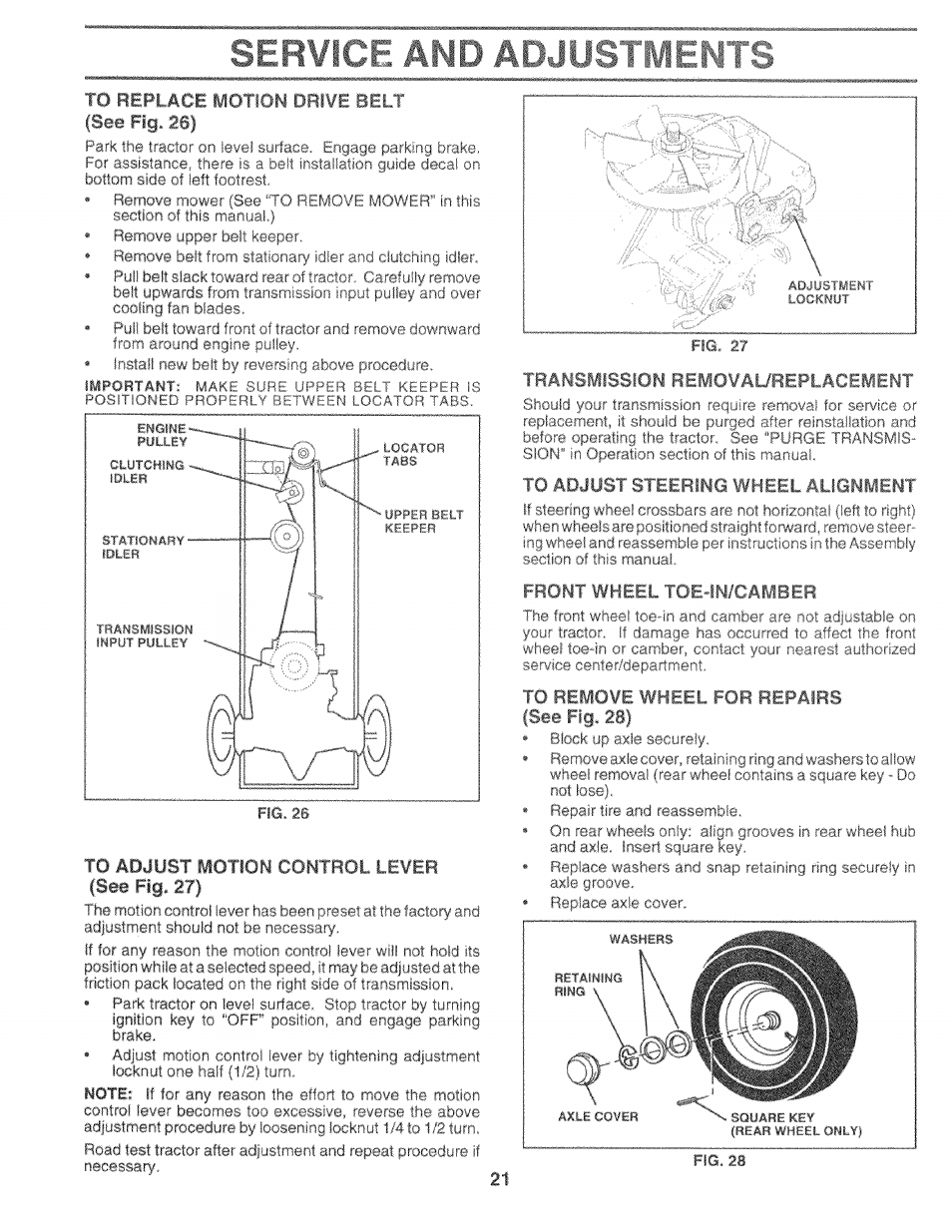 S i m, R . to replace motion dri¥e belt fsee fig. 26), Transmission semoval/replacement | Front wheel toejn/camber | Sears 917.25759 User Manual | Page 21 / 29