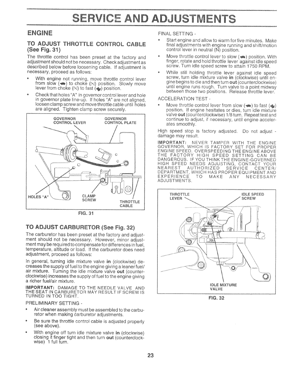 Engine, Seiwii, Meritf | Atm ad-iuh i, Ro adjust throi il e cowirol cable (see fig. 31 | Sears 917.25759 User Manual | Page 23 / 29