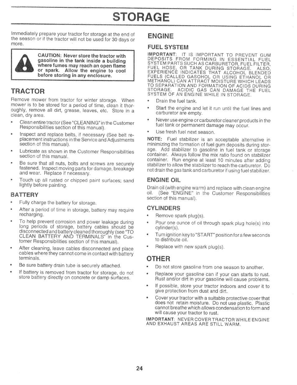 Storage, Tractor, Engine | Other, Battery, Fuel system, Engine oil, Cylinders | Sears 917.25759 User Manual | Page 24 / 29