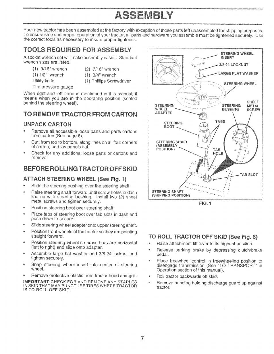 I\nm. mm y, Unpack carton, Attach steering wheel (see fig. 1) | To roll tractor off skid (see fig. 8), I\nm. mm, Tools required for assei^bly, Before rolling trac for off skid | Sears 917.25759 User Manual | Page 7 / 29
