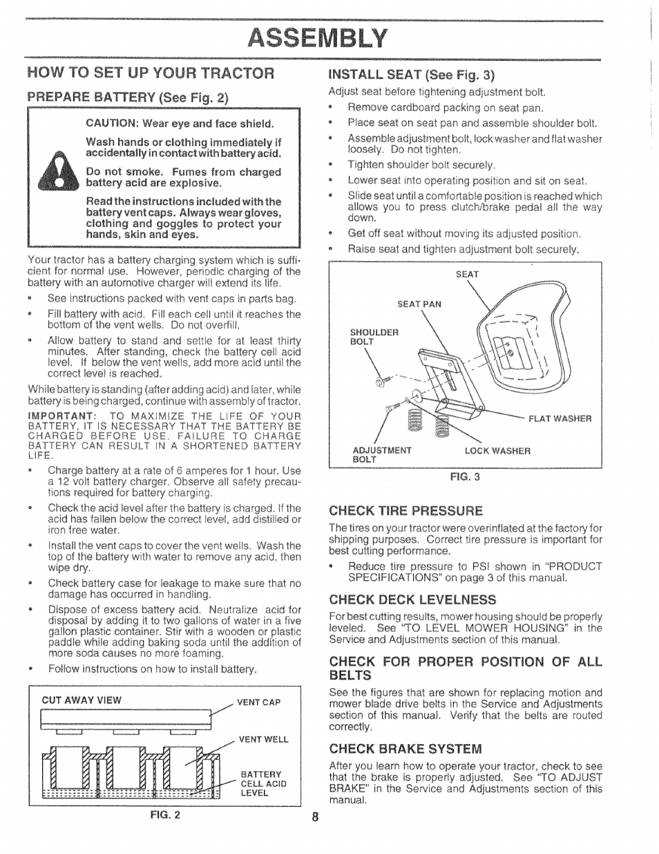 Prepare battery (see fig. 2), Install seat (see fig. 3), Check tire pressure | Check deck levelness, Checic for proper position of all belts, Check brake system, Assembly, How to set up your tractor | Sears 917.25759 User Manual | Page 8 / 29