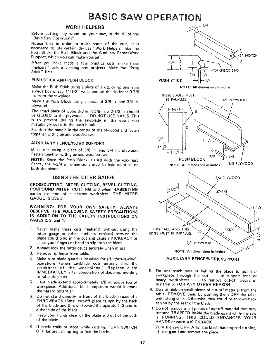Basic saw operation, Using the miter gauge, Basic | Operation | Sears 113242502 User Manual | Page 17 / 40