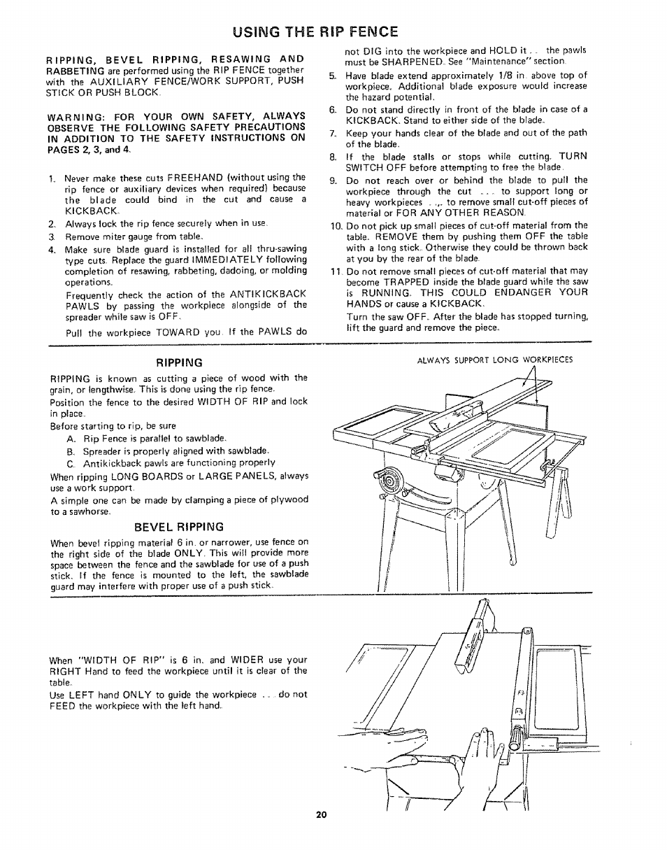 Ripping, Bevel ripping, Using the rip fence | Sears 113242502 User Manual | Page 20 / 40