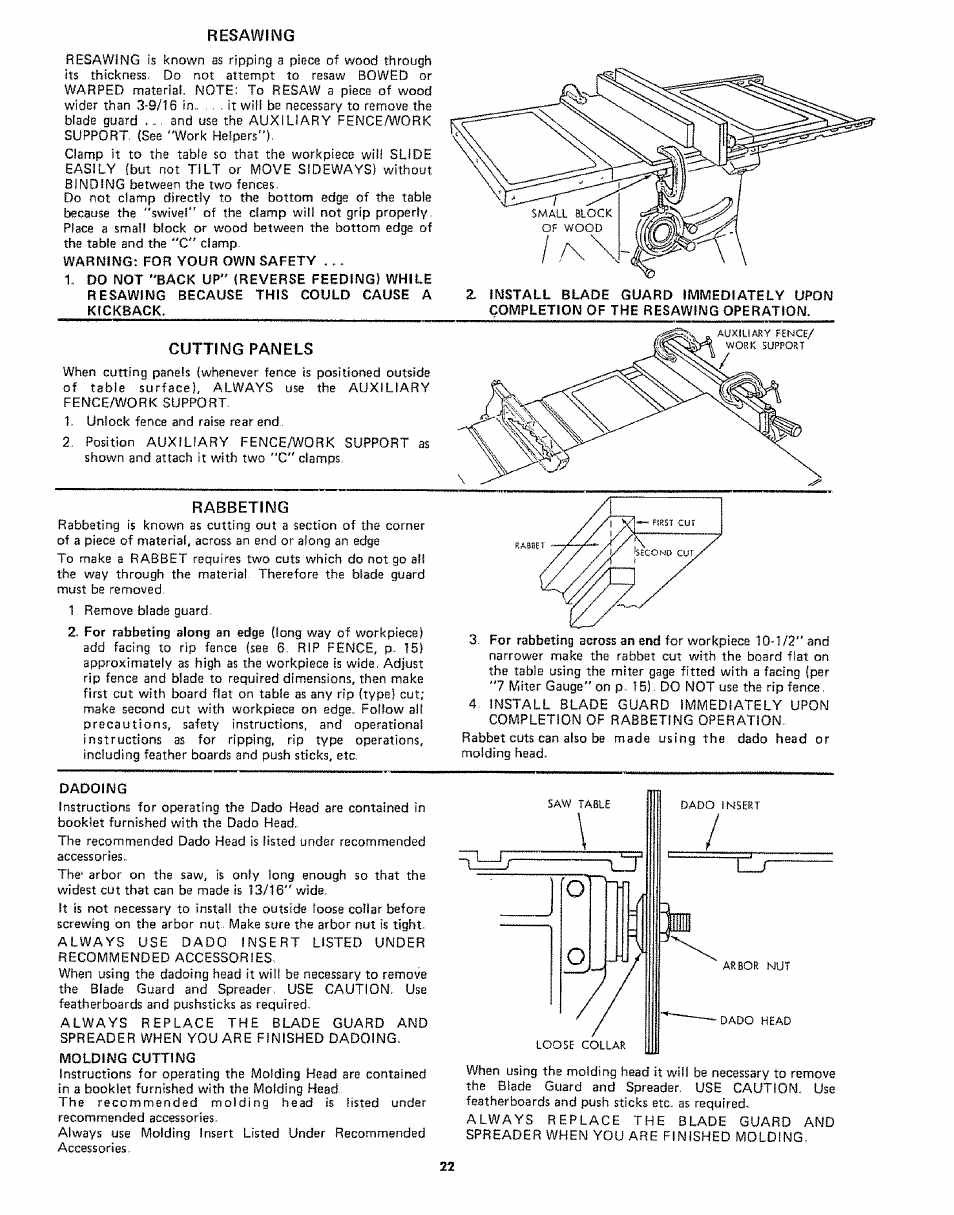 Resawing, Cutting panels, Rabbeting | Sears 113242502 User Manual | Page 22 / 40