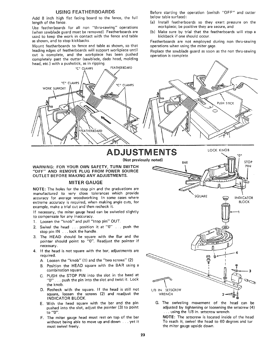 Using featherboards, Adjustments, Not previously noted) | Miter gauge | Sears 113242502 User Manual | Page 23 / 40