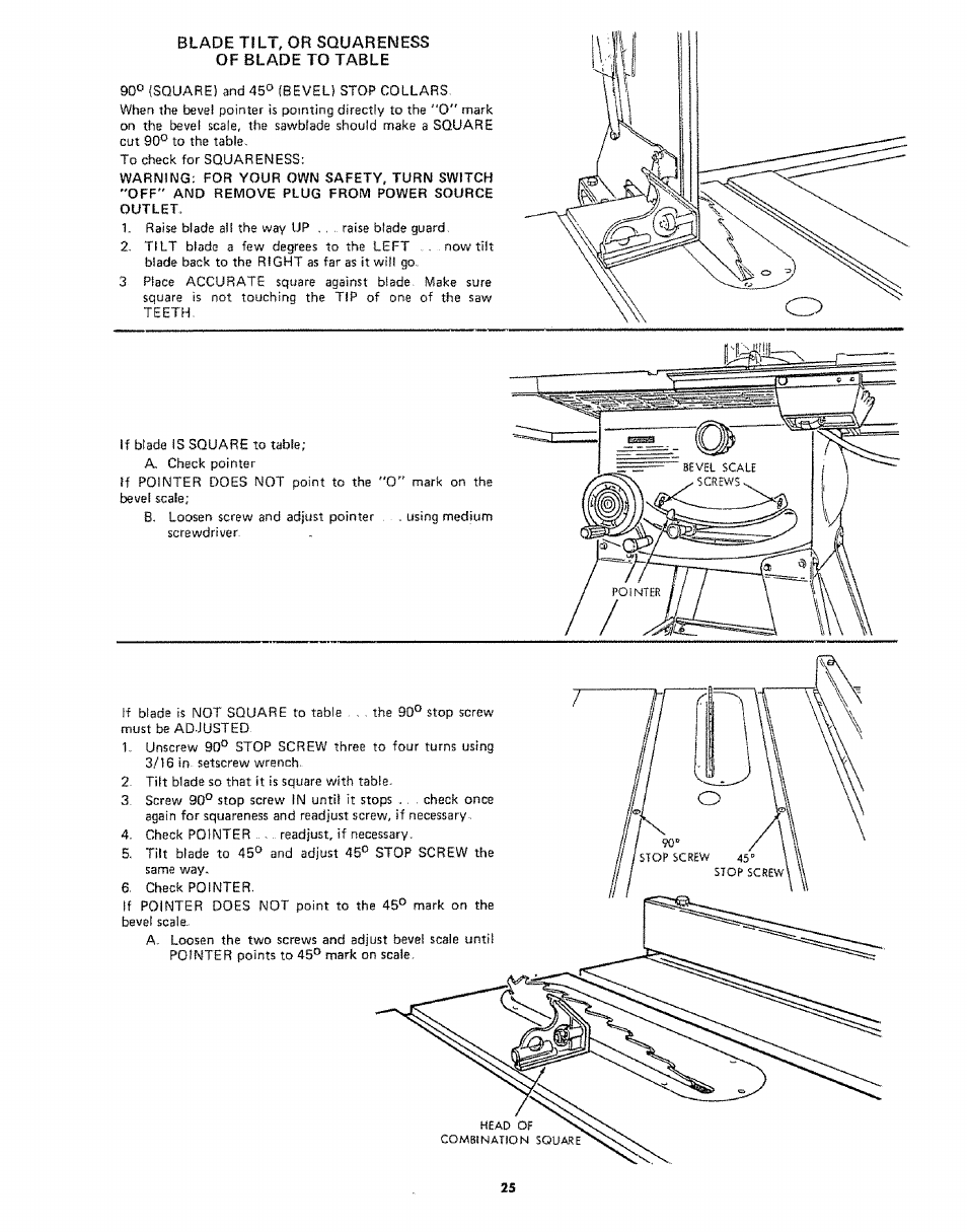 Blade tilt, or squareness of blade to table | Sears 113242502 User Manual | Page 25 / 40