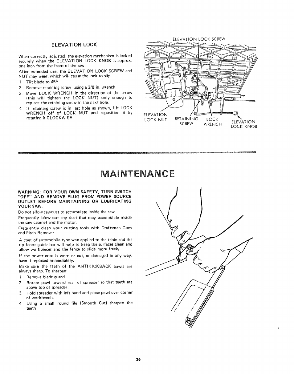 Elevation lock, Maintenance, Elevation lock maintenance | Sears 113242502 User Manual | Page 26 / 40