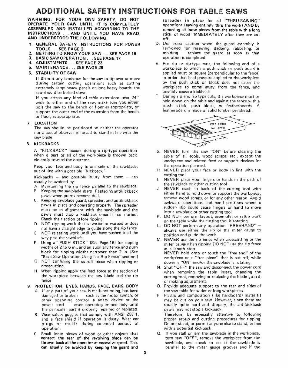 Additional safety, Instructions for table saws | Sears 113242502 User Manual | Page 3 / 40
