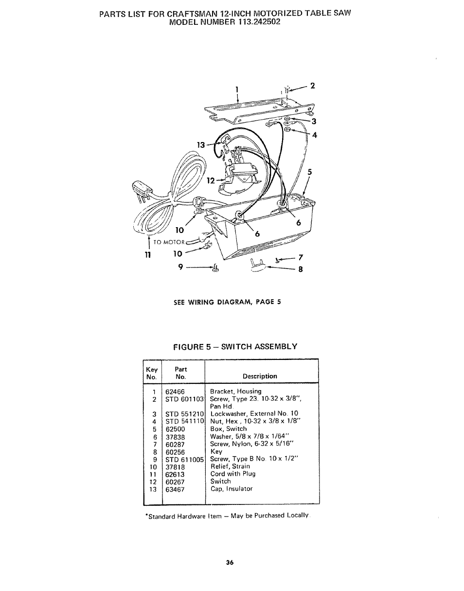 Figure 5 - switch assembly | Sears 113242502 User Manual | Page 36 / 40
