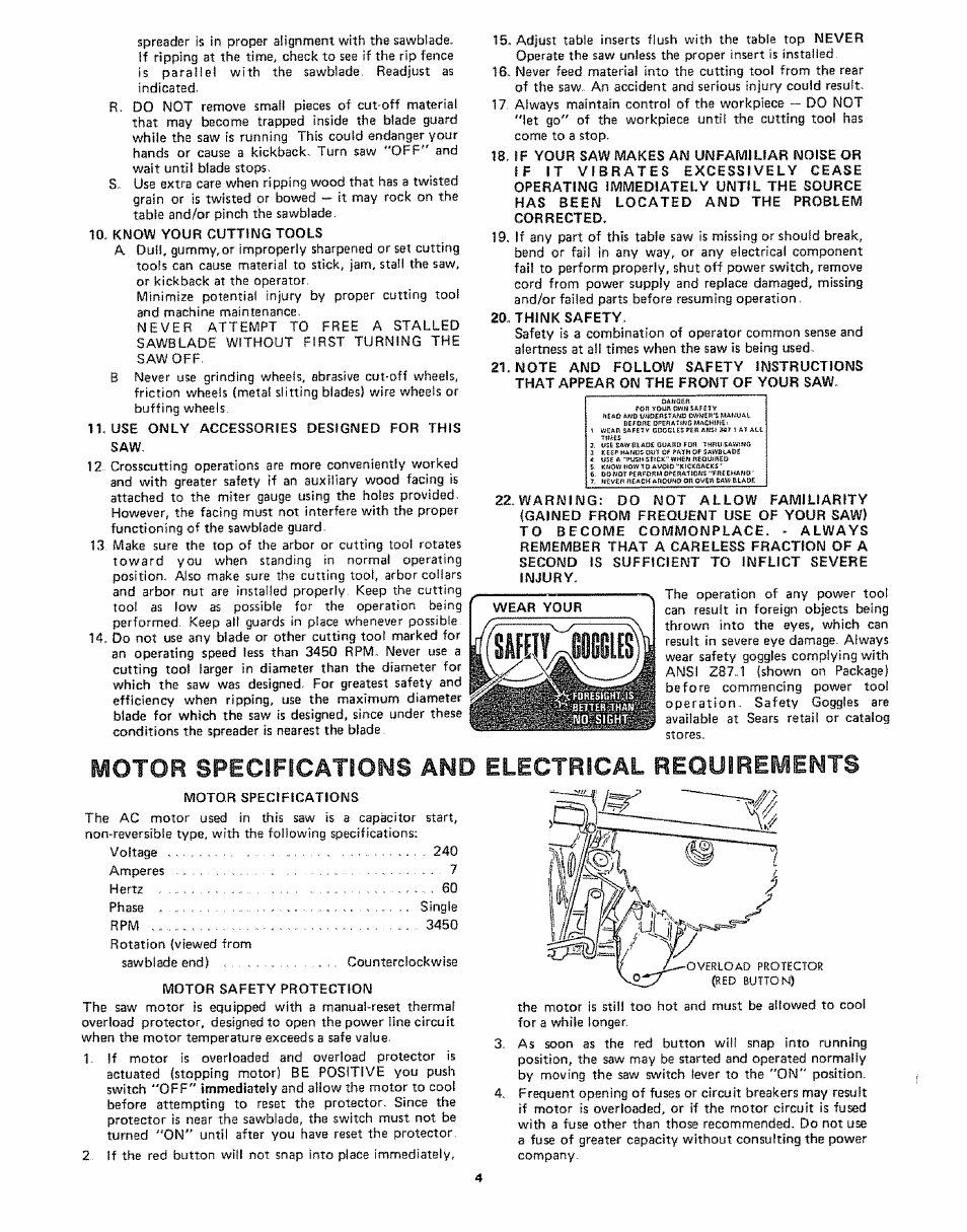Motor specifications and electrical requirements | Sears 113242502 User Manual | Page 4 / 40