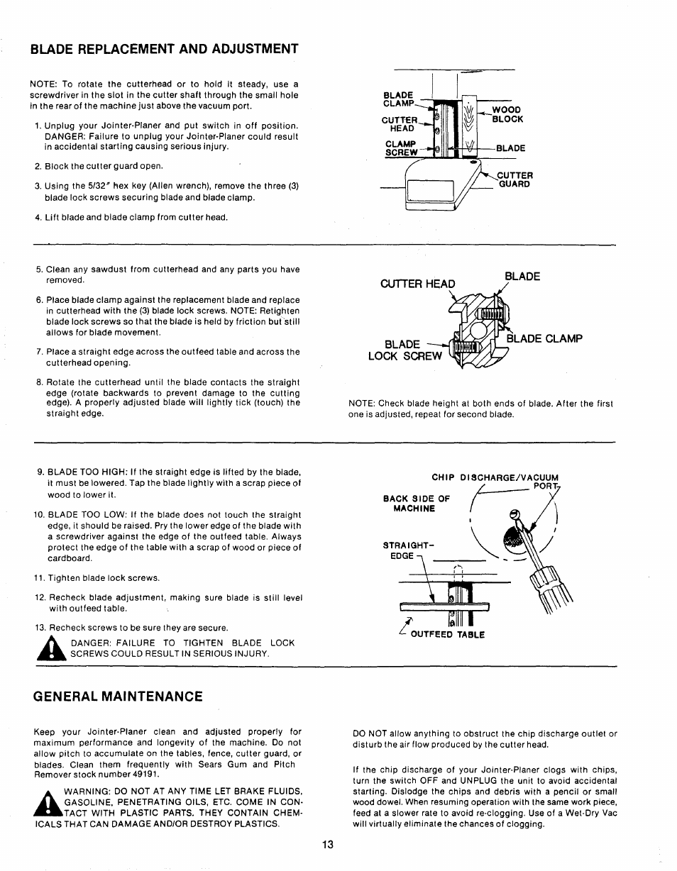 Blade replacement and adjustment, General maintenance | Sears 149.23632 User Manual | Page 13 / 16