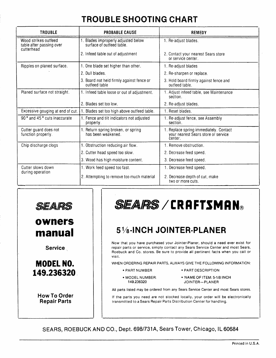 Trouble shooting chart, Svs-lnch jointer-planer, Troubleshooting | Owners manual, Service, How to order repair parts | Sears 149.23632 User Manual | Page 16 / 16