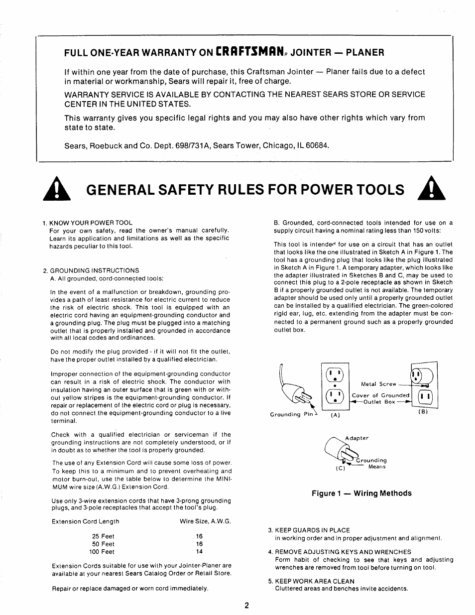 General safety rules for power tools, Crrftsmfln, Full one-year warranty on | Jointer - planer | Sears 149.23632 User Manual | Page 2 / 16