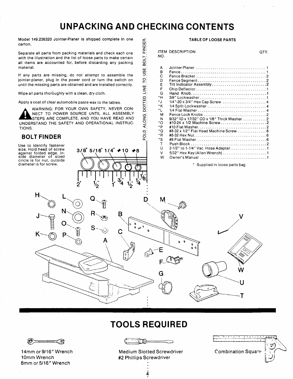 Unpacking and checking contents, Tools required, Bolt finder | Sears 149.23632 User Manual | Page 4 / 16
