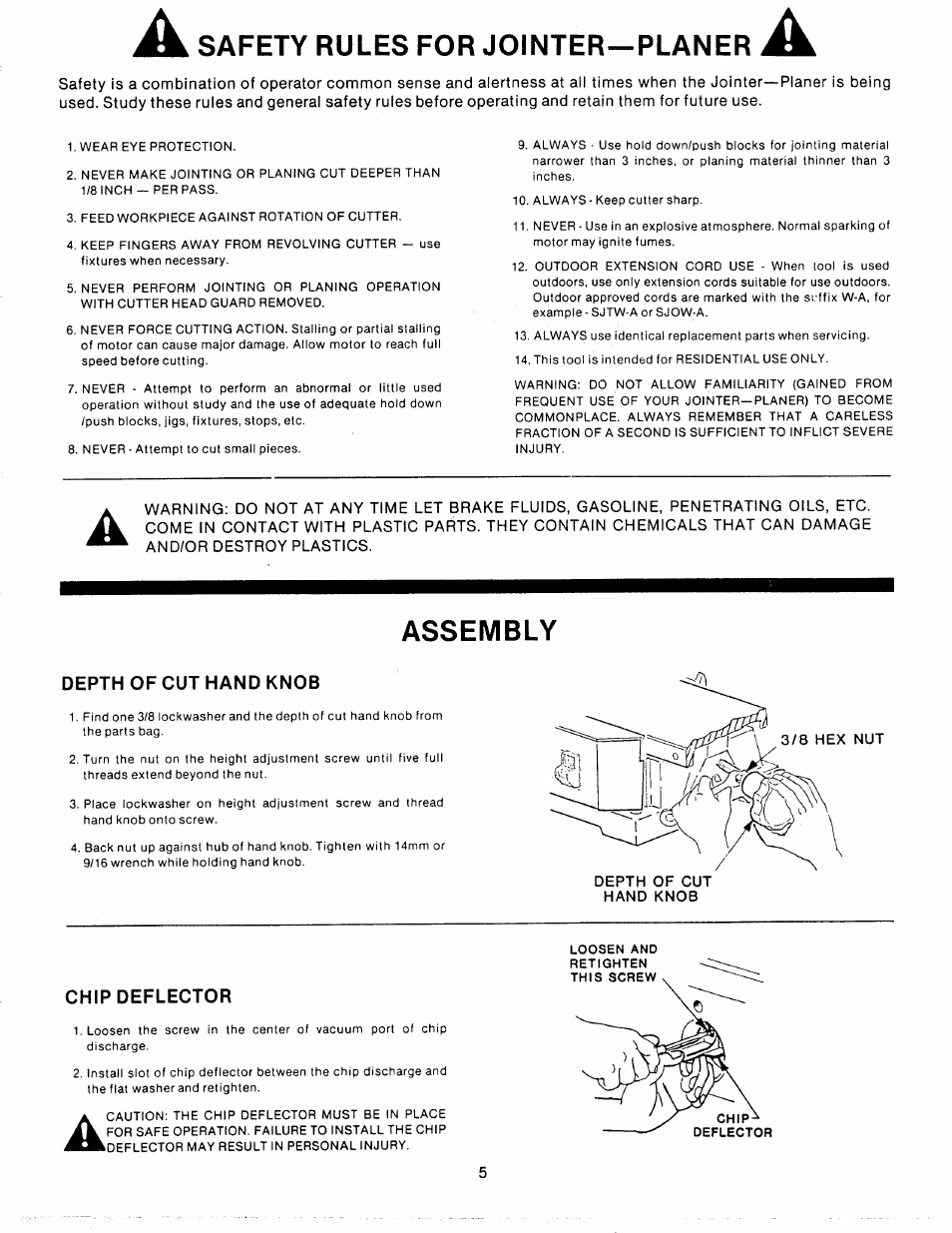 Safety rules for jointer—planer, Assembly, Safety rules for jointer-planer | Assembly -7, Depth of cut hand knob, Chip deflector | Sears 149.23632 User Manual | Page 5 / 16