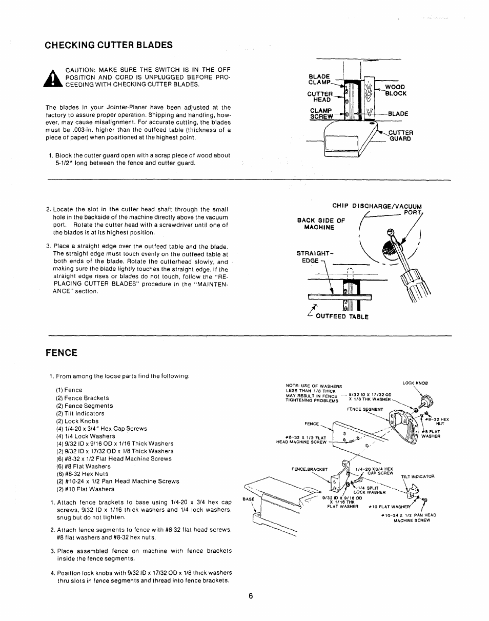 Checking cutter blades, Fence | Sears 149.23632 User Manual | Page 6 / 16