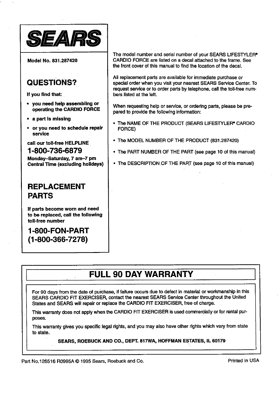 Full 90 day warranty, Questions, Replacement parts | Sears 831.28742 User Manual | Page 14 / 14