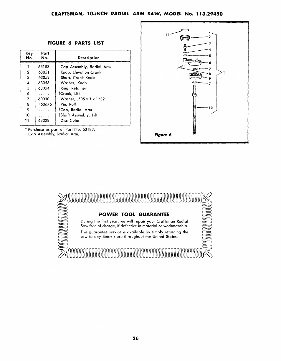 Figure 6 parts list, Power tool guarantee | Sears 113.2945 User Manual | Page 26 / 28