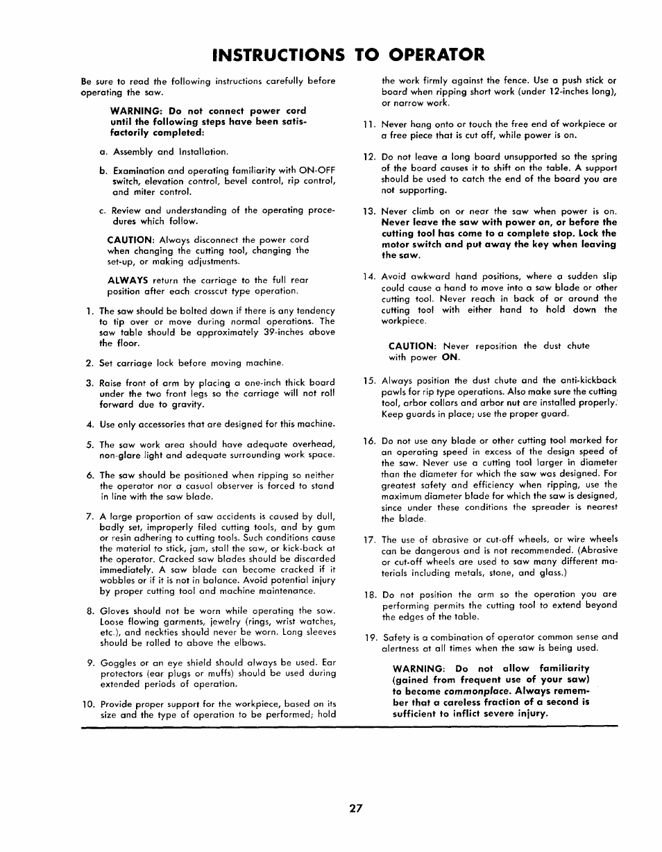 Instructions to operator | Sears 113.2945 User Manual | Page 27 / 28