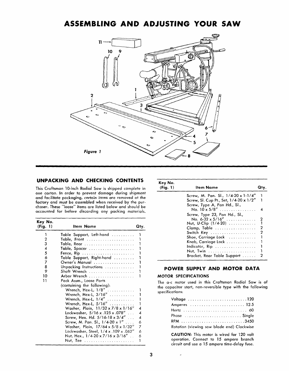 Unpacking and checking contents, Power supply and motor data, Assembling and adjusting your saw | Sears 113.2945 User Manual | Page 3 / 28