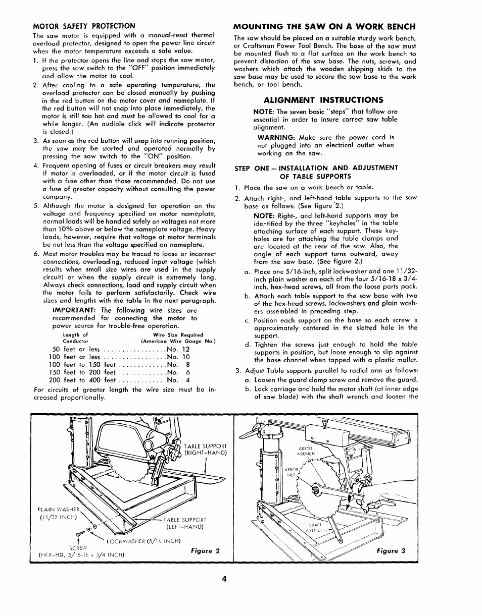 Motor safety protection, Mounting the saw on a work bench, Alignment instructions | Sears 113.2945 User Manual | Page 4 / 28