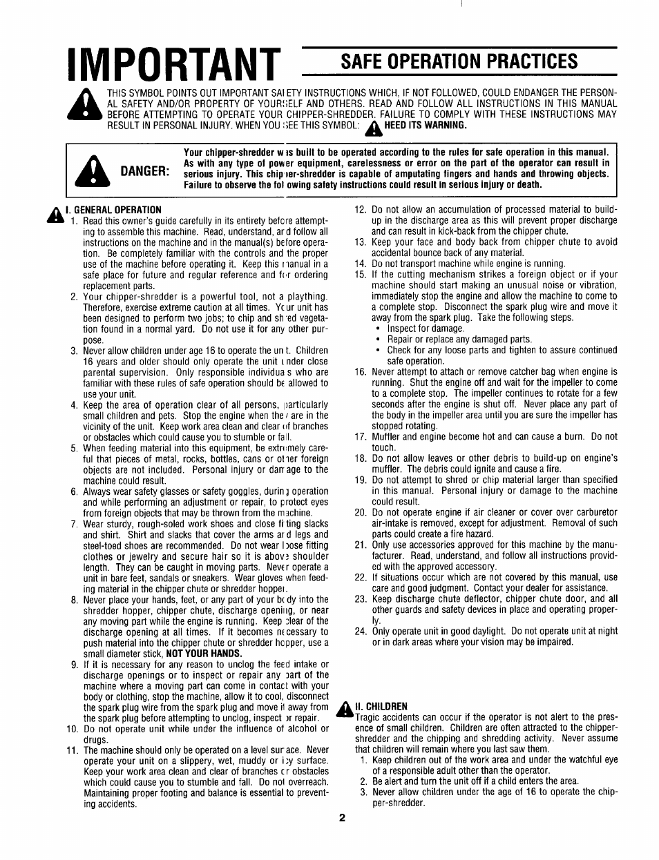 Safe operation practices, Important | Sears 645B User Manual | Page 2 / 12