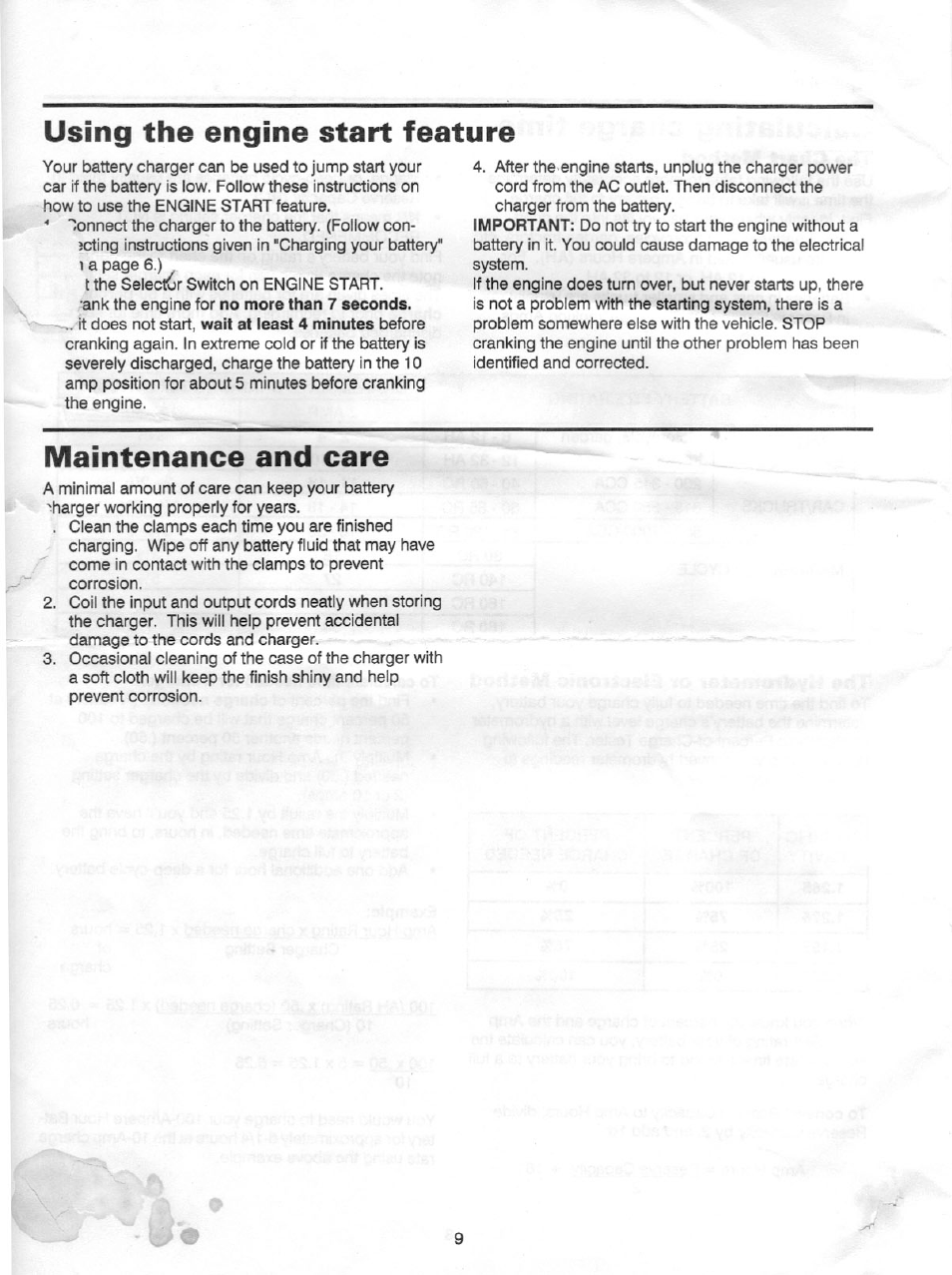 Using the engine start feature, Maintenance and care | Sears 200.71310 User Manual | Page 10 / 11