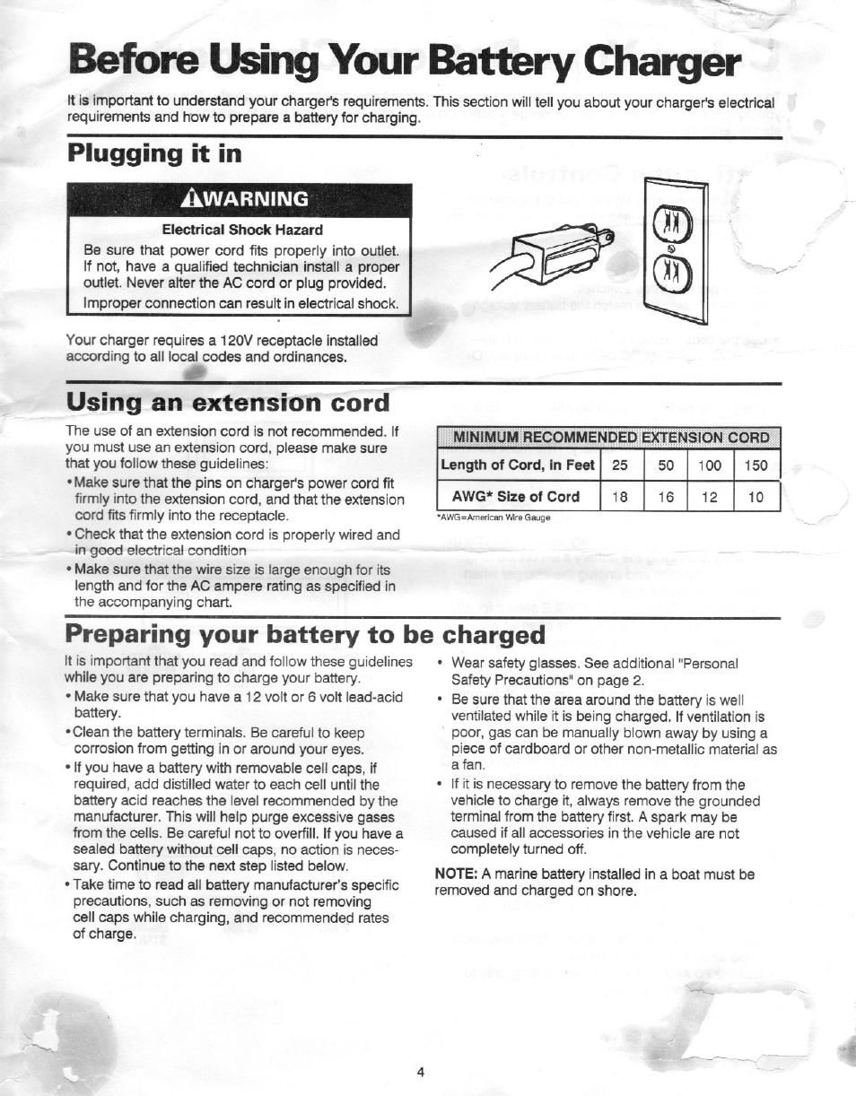 Before using your battery charger, Plugging it in, Using an extension cord | Preparing your battery to be charged, Warning | Sears 200.71310 User Manual | Page 5 / 11