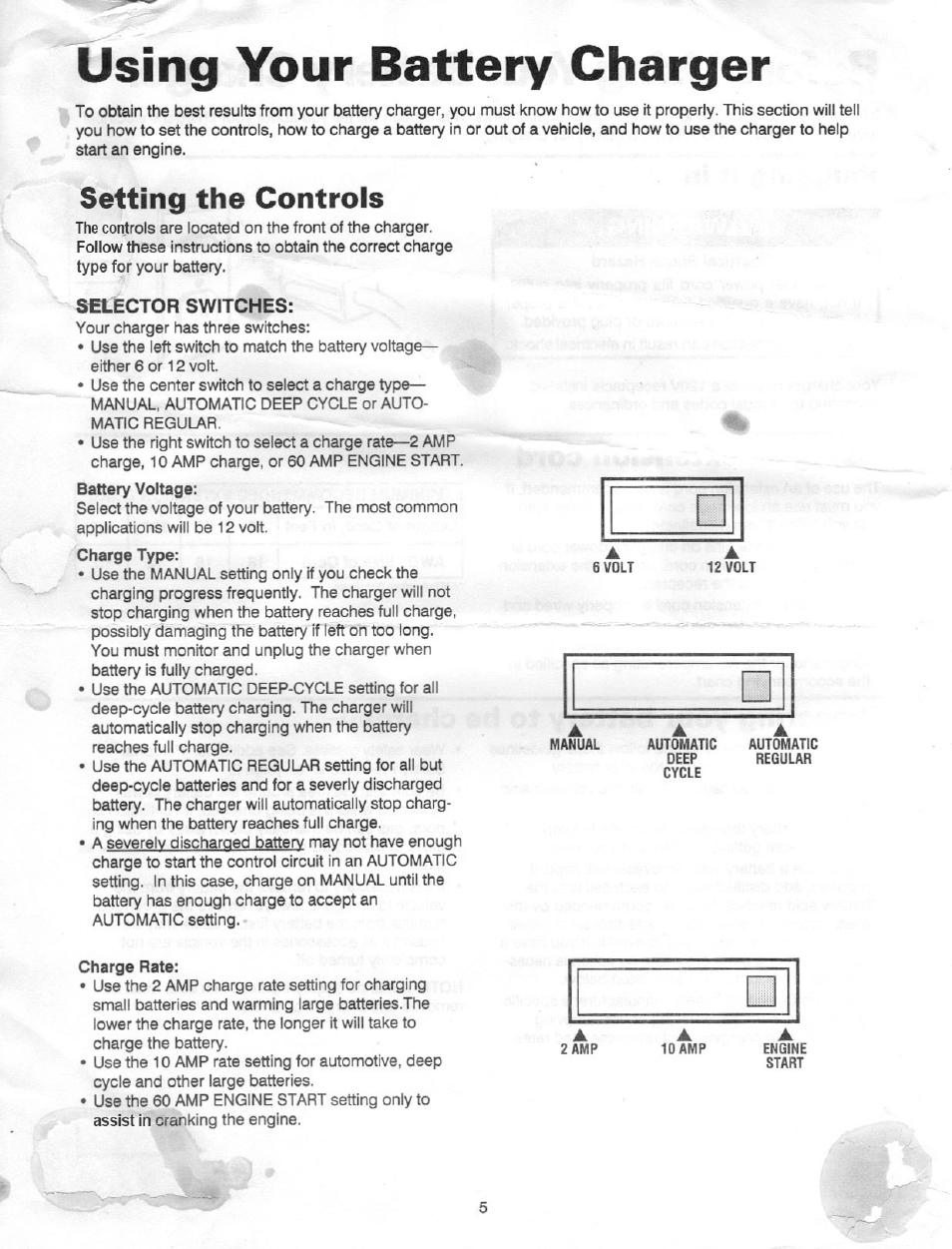 Using your battery charger, Setting the controls | Sears 200.71310 User Manual | Page 6 / 11