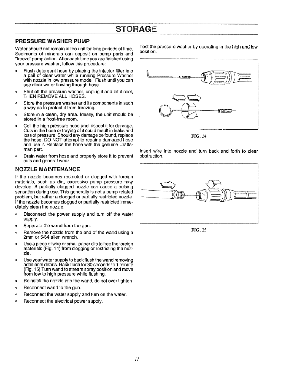 Pressure washer puyp, Nozzle maintenance, Storage | Sears 580.75133 User Manual | Page 11 / 18