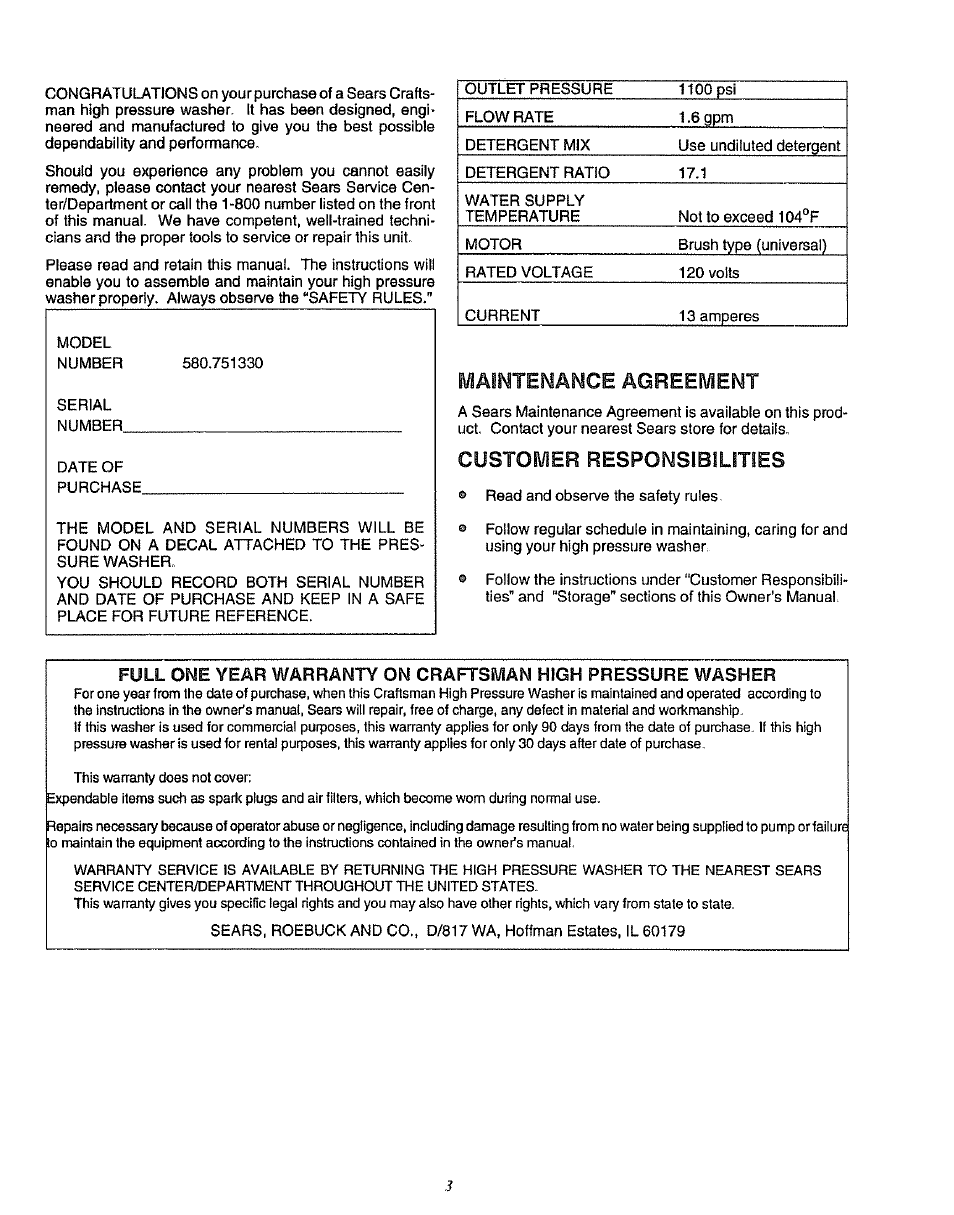 Maintenance agreement, Customer responsibilities | Sears 580.75133 User Manual | Page 3 / 18