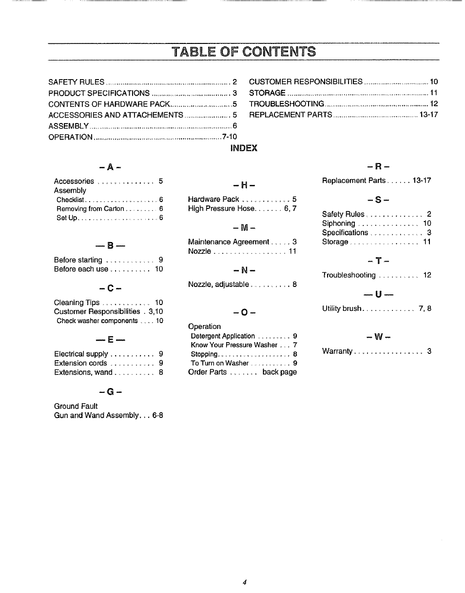 Table of coi^tents, Index -a | Sears 580.75133 User Manual | Page 4 / 18