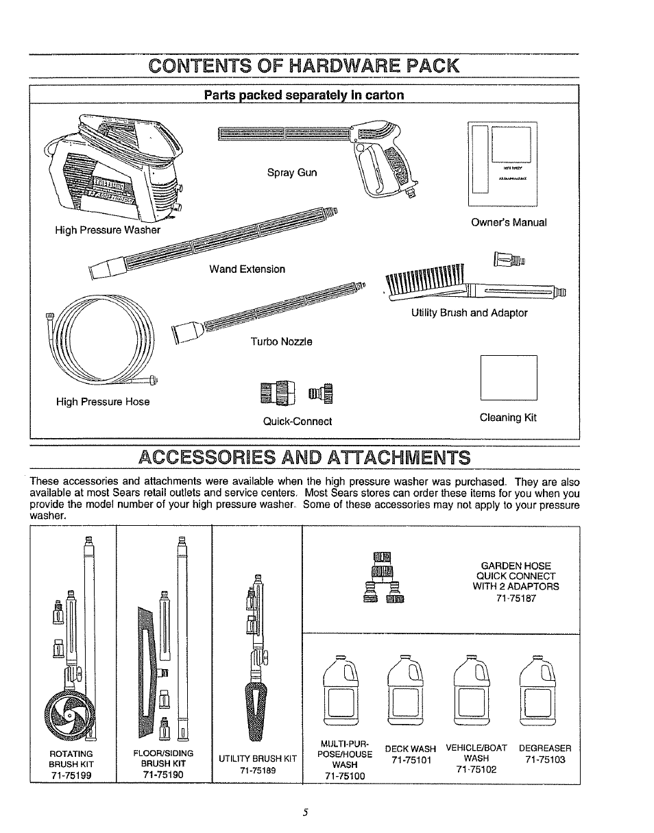 Pack, And attachments, Comtemts of hardware | H3 «1, Accessories | Sears 580.75133 User Manual | Page 5 / 18